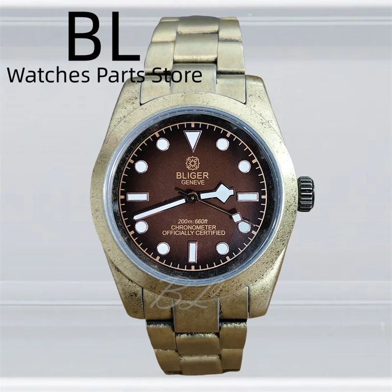 

BLIGER Watch For Men 39mm Vintage Bronze Brushed Case Slope Bezel Sapphire Crystal NH35 PT5000 Movement Waterproof Glide Clasp