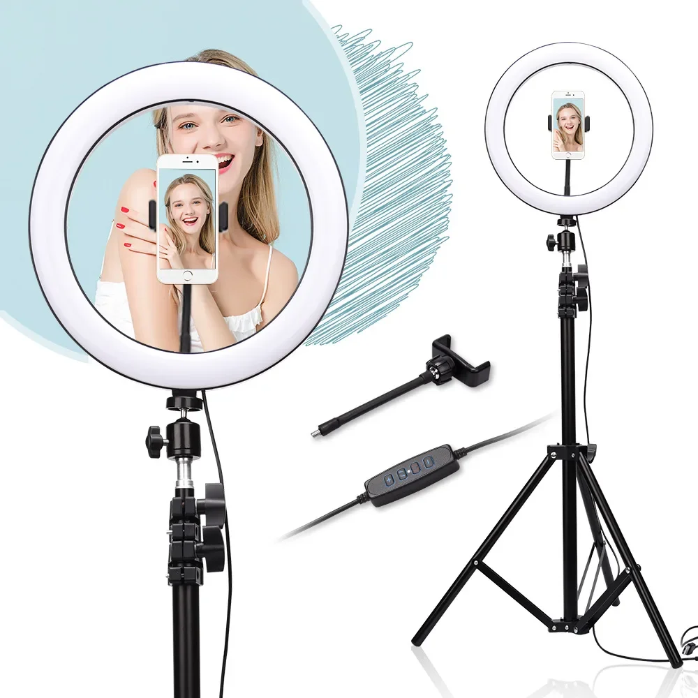 LED Modern Round Fill Light Selfie Stand Dimmable Height LED Lighting No need to install Floor Lamp Selfie Light with Tripod and