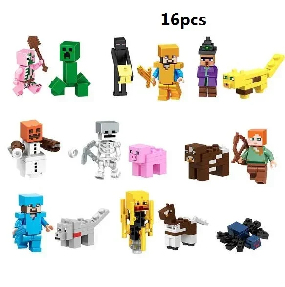 16pcs/set Minecrafted Blocks Diamond Sword Creeper Figures Zombie Dolls Steve Building Bricks Toys for Boys Kid Birthday Gift