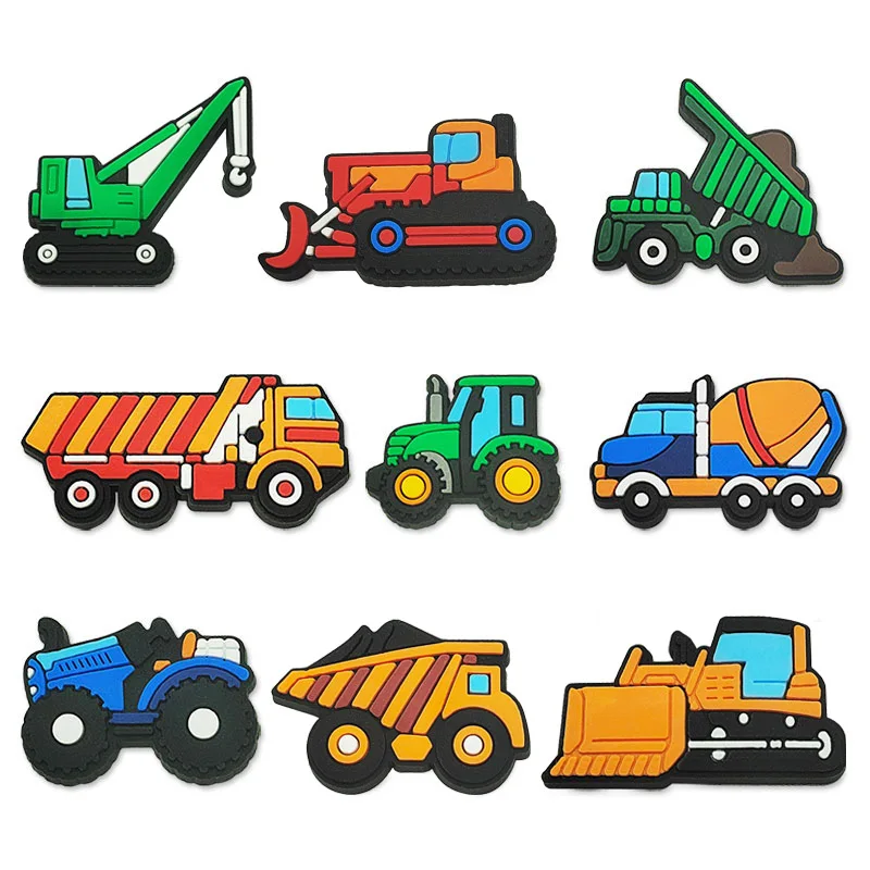 1-9pcs Cartoon Engineering Vehicles PVC Shoe Charms Slide Sandals Accessoties Freight Car Excavator Shoe Buckle Pins Kids Gifts