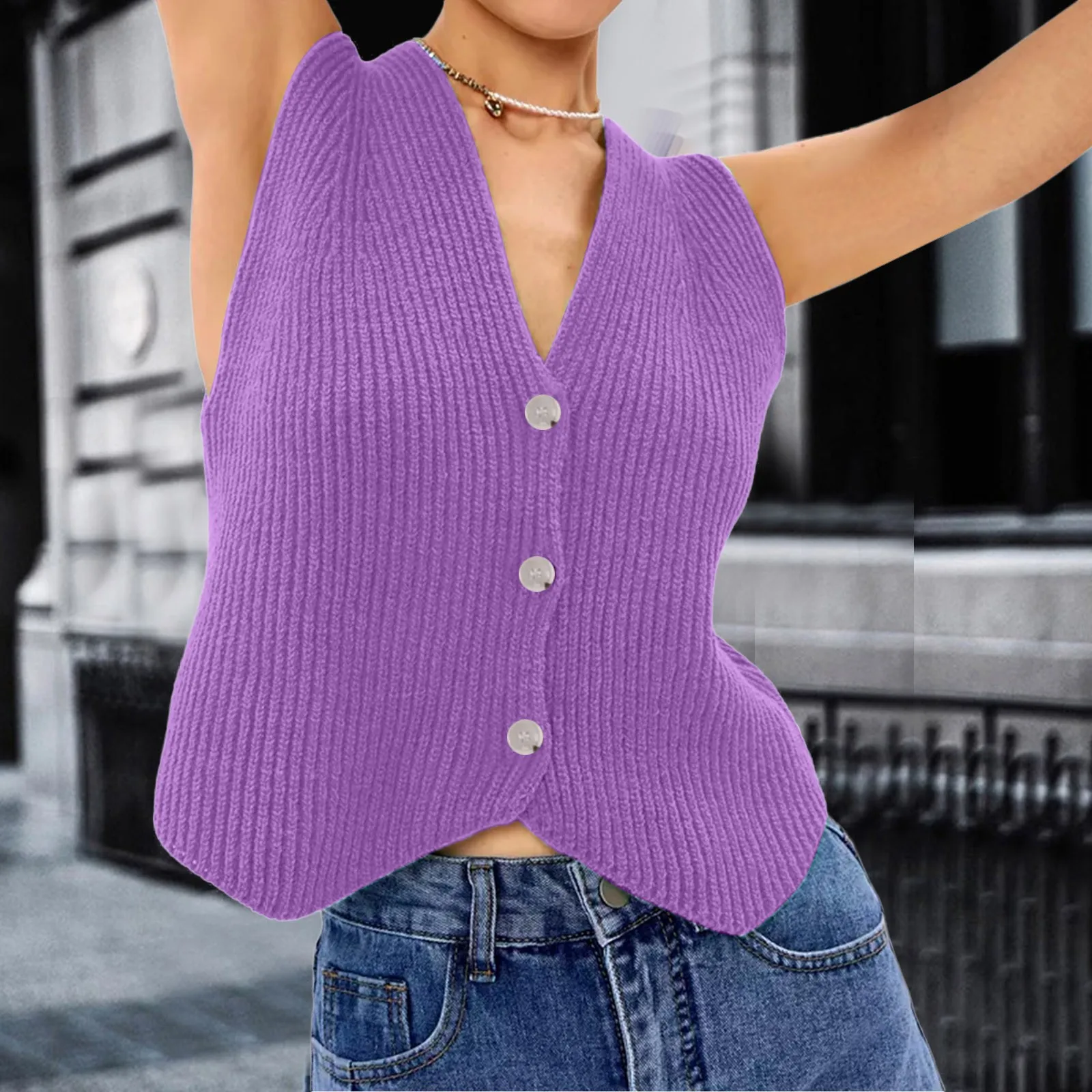 2024 Fashion Casual Sleeveless Women Knitted Vest Loose Button Down V Neck Stripe Fashion Tops Sexy Club Party Vest Sweater