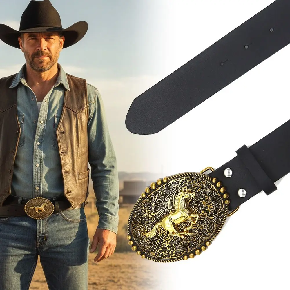 Fashion Luxury Design Western Cowboy Belt Trendy Brand Vintage Embossed Horse Buckle Belt Retro Waistband For Women Man