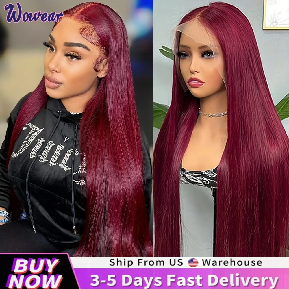 200 Density Straight Lace Front Wigs Human Hair Wig 13x4 Burgundy 99J Colored Pre Plucked Transparent Lace Frontal Wig for Women