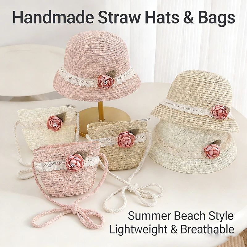 2Pcs Kids Straw Hat Bag Set Summer Flower Bucket Hat For Girls Toddler Beach Sun Hat With Crossbody Bag