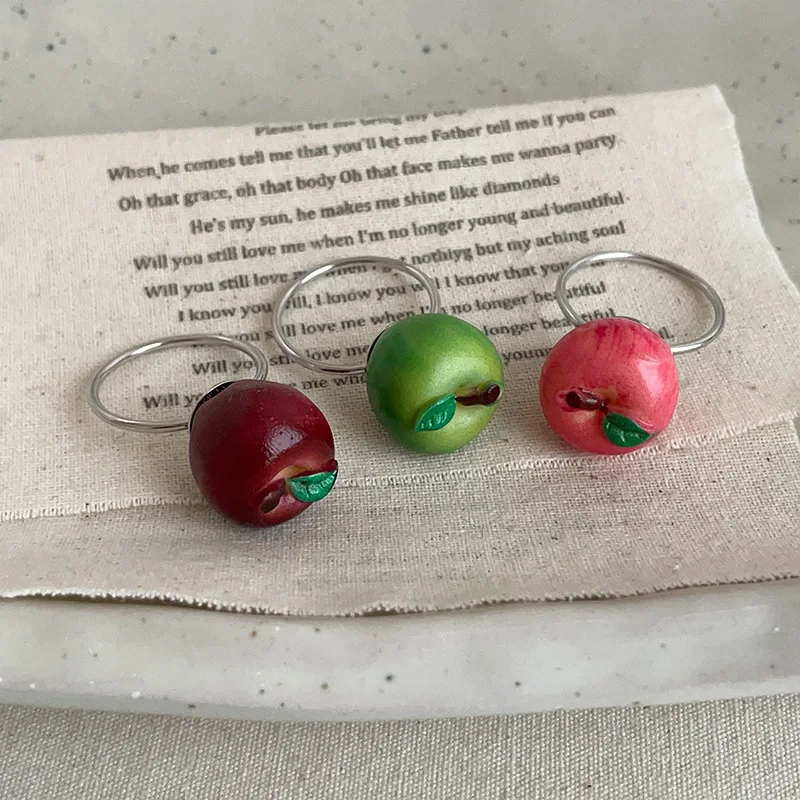Minar Cute Romantic 3 Designs Green Red Foam Apple Leaf Simulation Fruit Cocktail Ring for Women Silver Plated Finger Rings