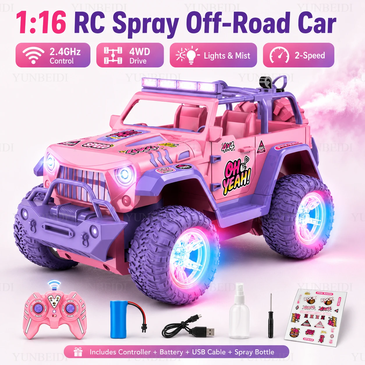 1/16 Pink Remote Control Car 2.4GHz Spray Music Light DIY Sticker Racing Car Climbing Off-road Toy Car Children's Festival Gifts