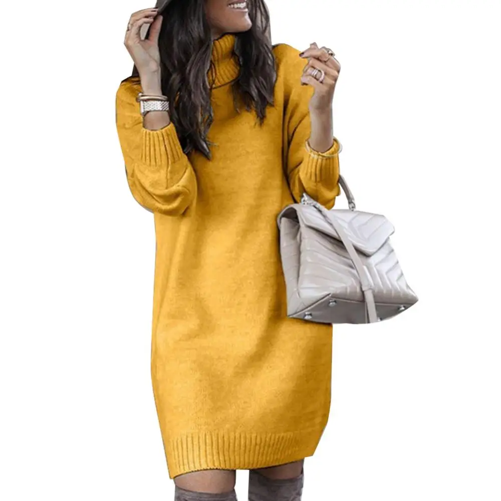 

Warm Knitted Dresses Women High Neck Slim Solid Mini Dresses Fashion Ladies Basic Long Sleeve Winter Autumn Warm Dresses