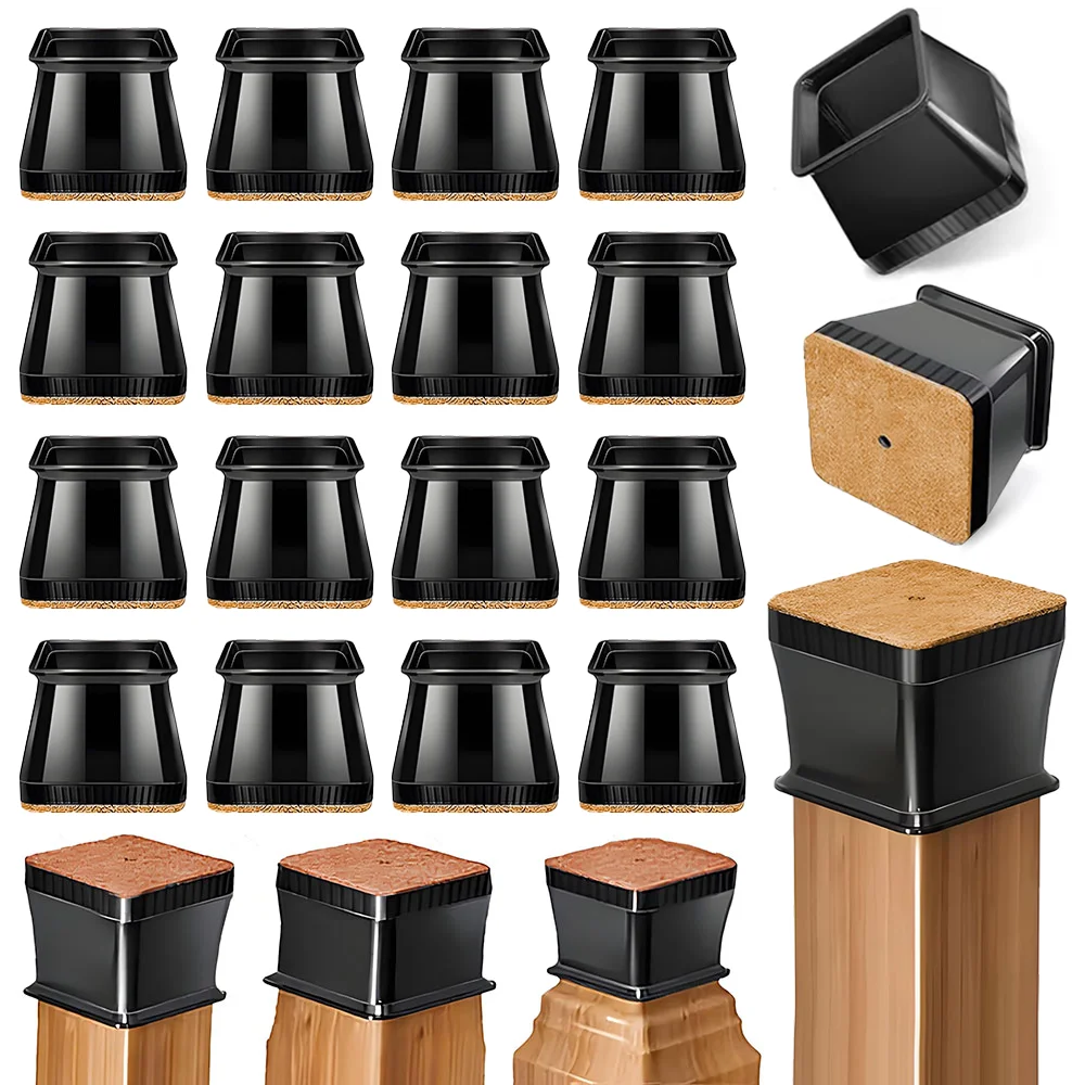 8/16 Sets Of Black Square Chair Legs Covers, With Silent Effect, Featuring Felt Padding And Anti-slip Furniture Leg Caps