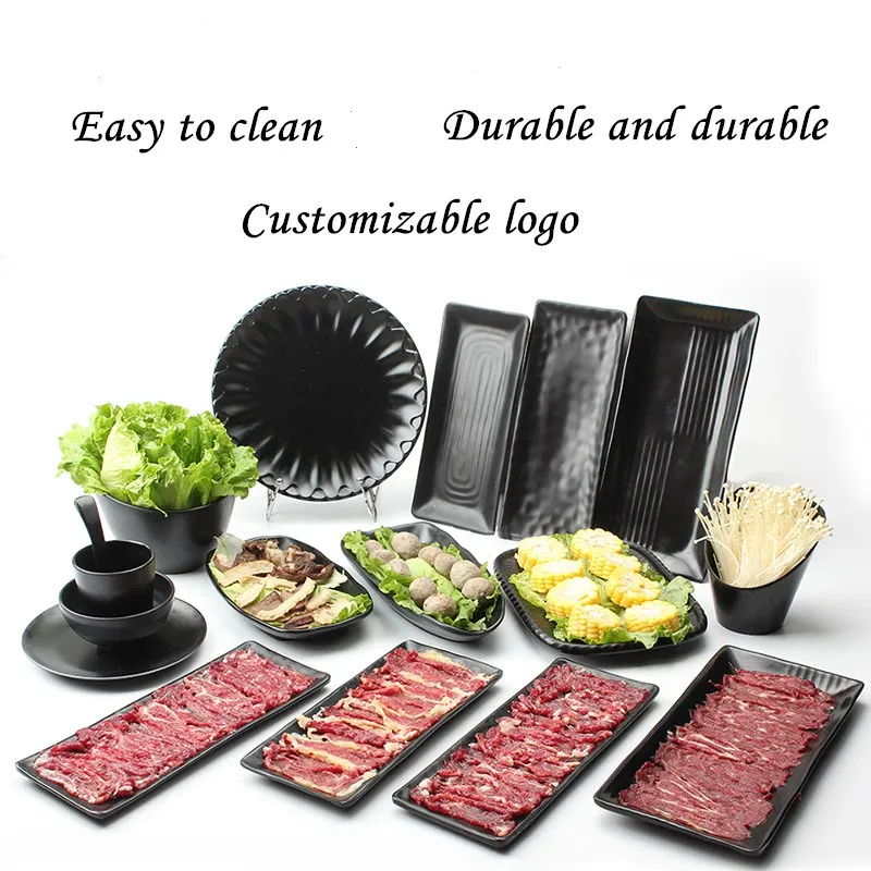 

Vacclo Black Melamine Plate Tray Dinner Dishes Food Snacks Sushi Steak Fish Plate Eco-friendly Tableware for Kitchen Hotel