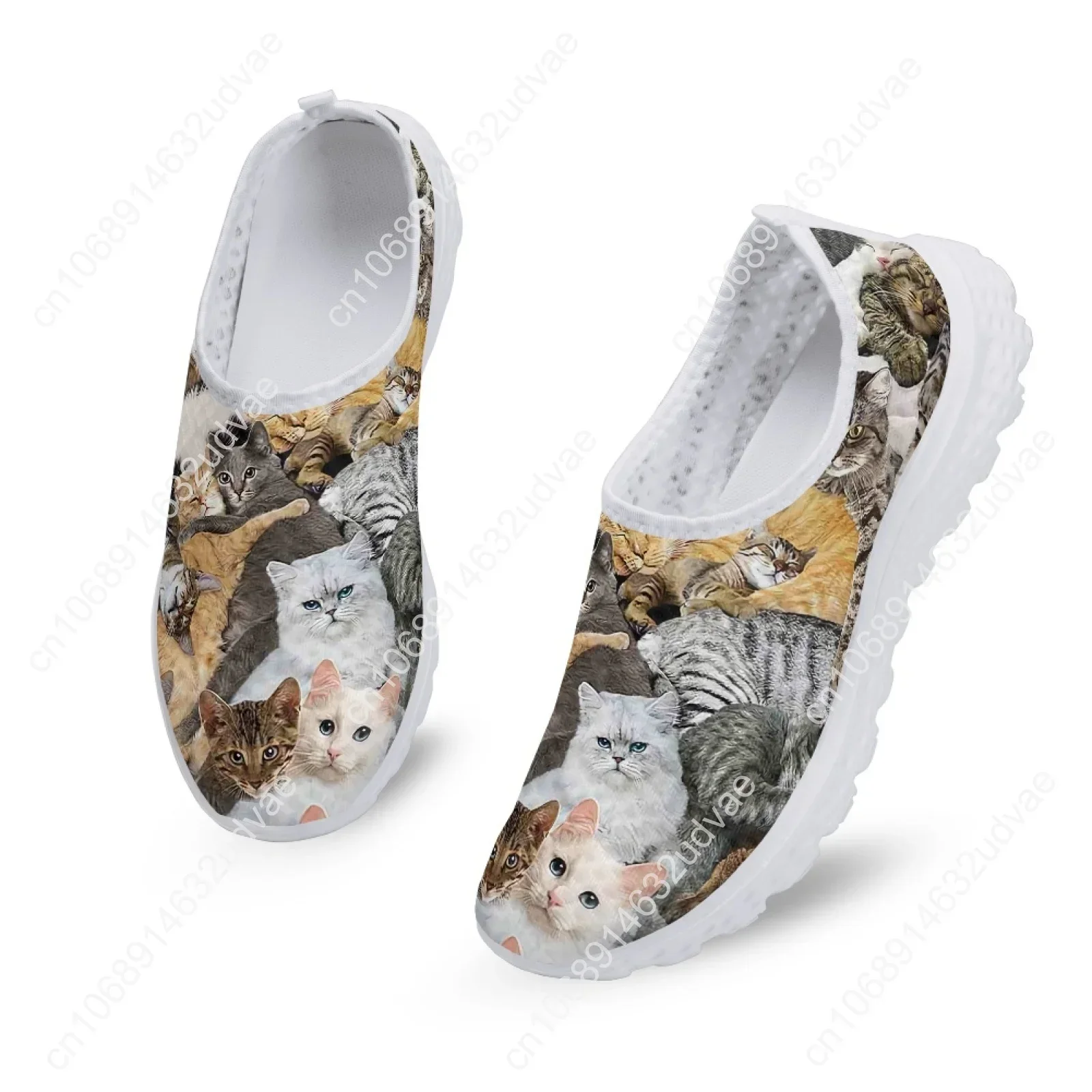 Cute 3D Cat Printing Female Mesh Sneakers Breathable Slip-on Loafers Lightweight Women Flat Shoes Casual Footwear