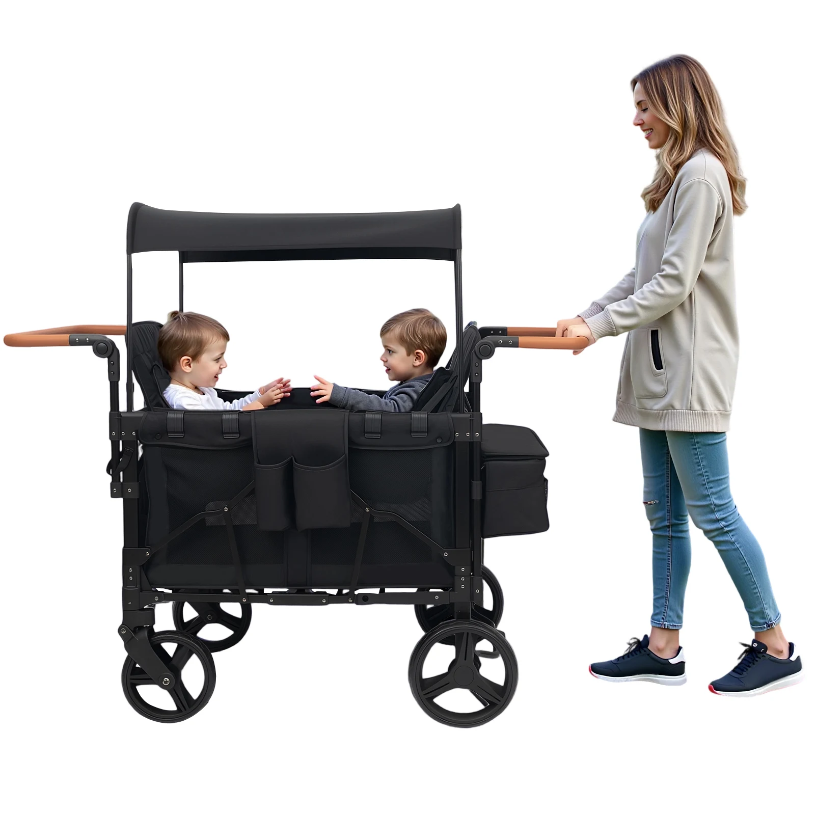 

4 Seat Baby Wagon Stroller with Lockable Wheels, Extra Long Foldable Pushchair with Adjustable Handle for Beach/Park