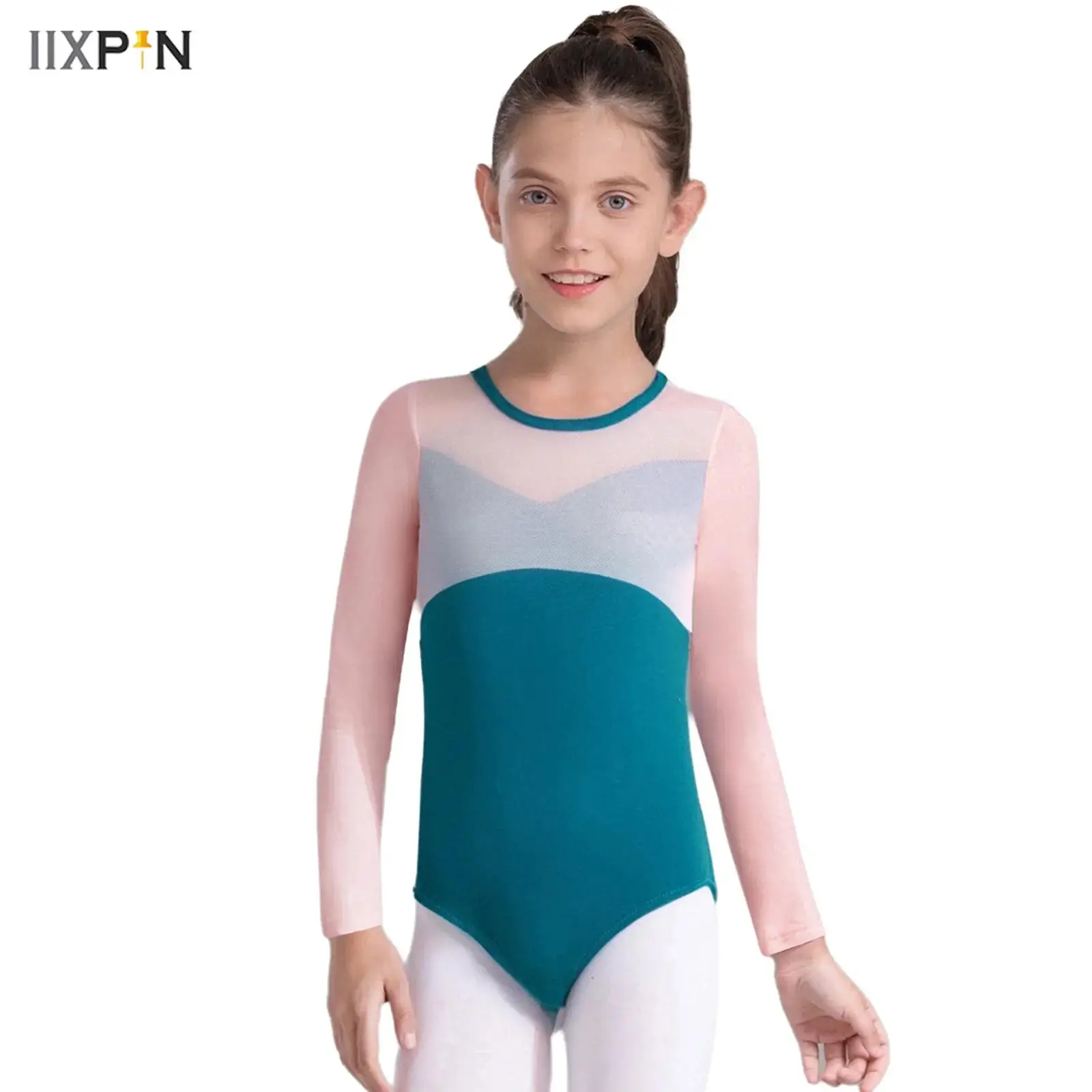 

Kids Girls Color Block Ballet Dance Leotard Round Neck Long Sleeves Press Button Crotch Sheer Mesh Patchwork Bodysuit Dancewear