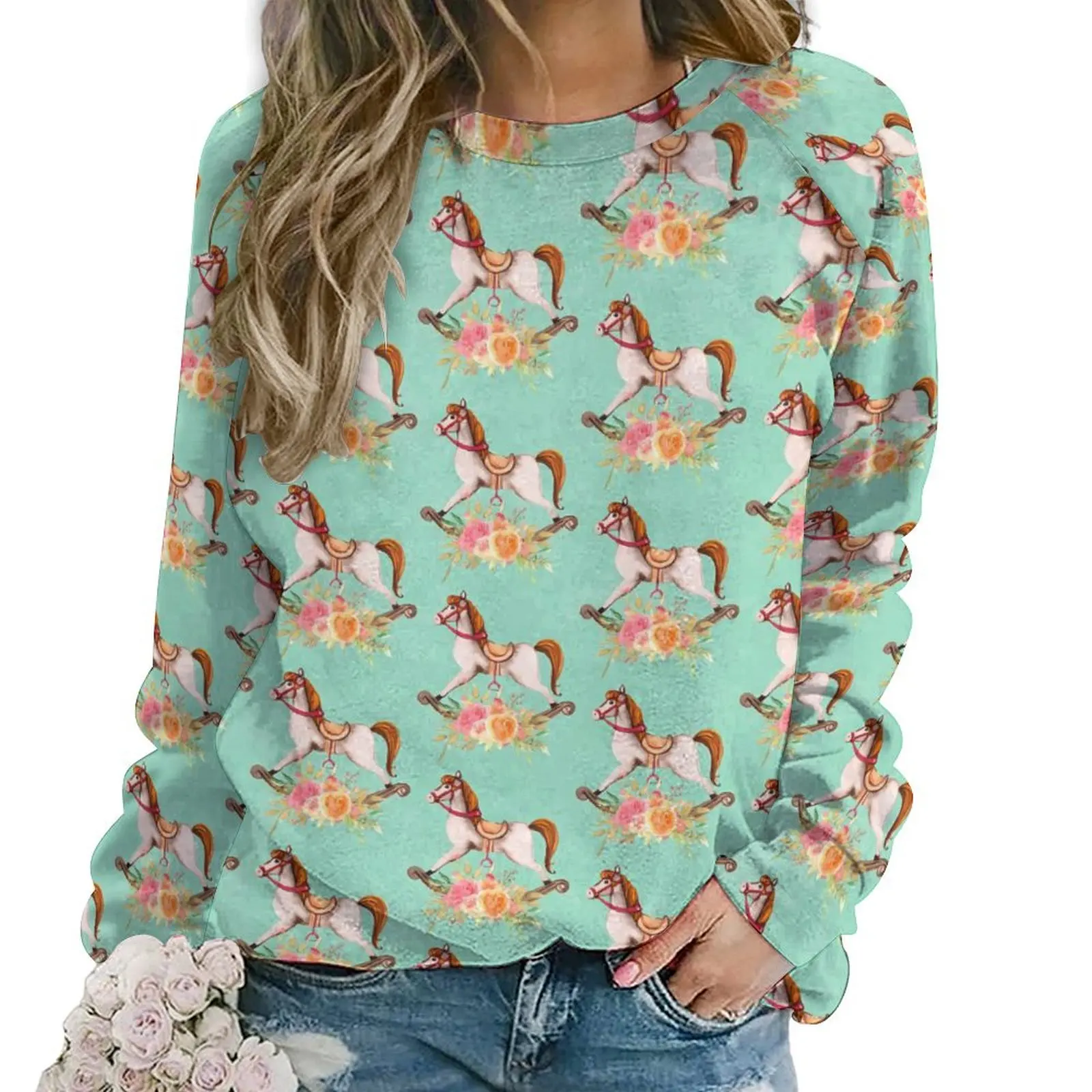 Vintage Rocking Horse Hoodies Women Long-Sleeve Floral Bouquet Funny Casual Hoodie Hot Sale Street Fashion Oversized Sweatshirts