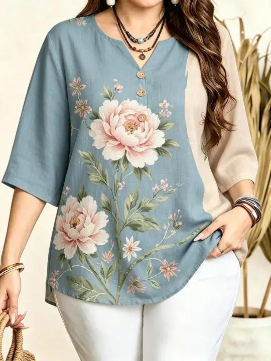 Two Tone Color Block Floral Print Linen Blouses Notch V Neck Decor Buttons 3/4 Sleeve Loose Casual Women Tops