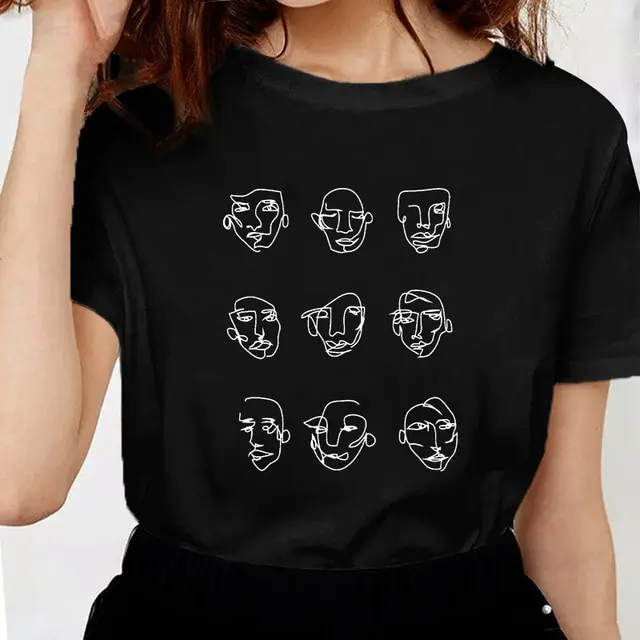 Harajuku Women Oversize T-shirt Short-sleeved O-neck Fashion Minimalist Abstract Face Print T-shirt Modal Fashion Casual Tee