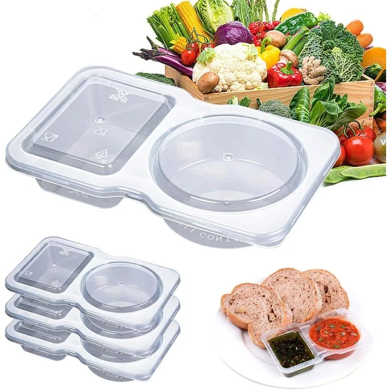 

30pcs Double Compartment Condiment Containers with Lids, Disposable 2 Compartment Portion Cups Reusable Plastic Snack Container