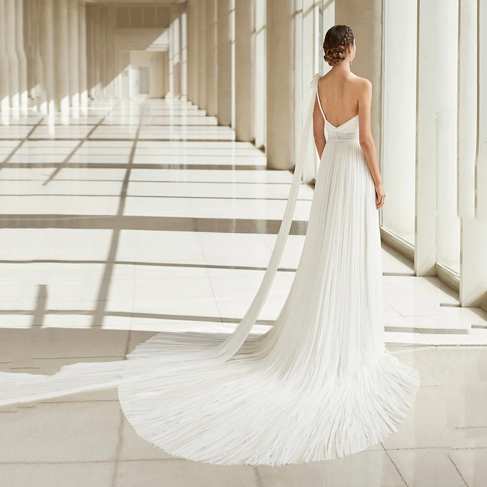 Robe de mariée sans bretelles en mousseline de soie, simple, une initiée, perles élégantes, dos nu, plissé, balayage, train, patients, robe éducative, 2024