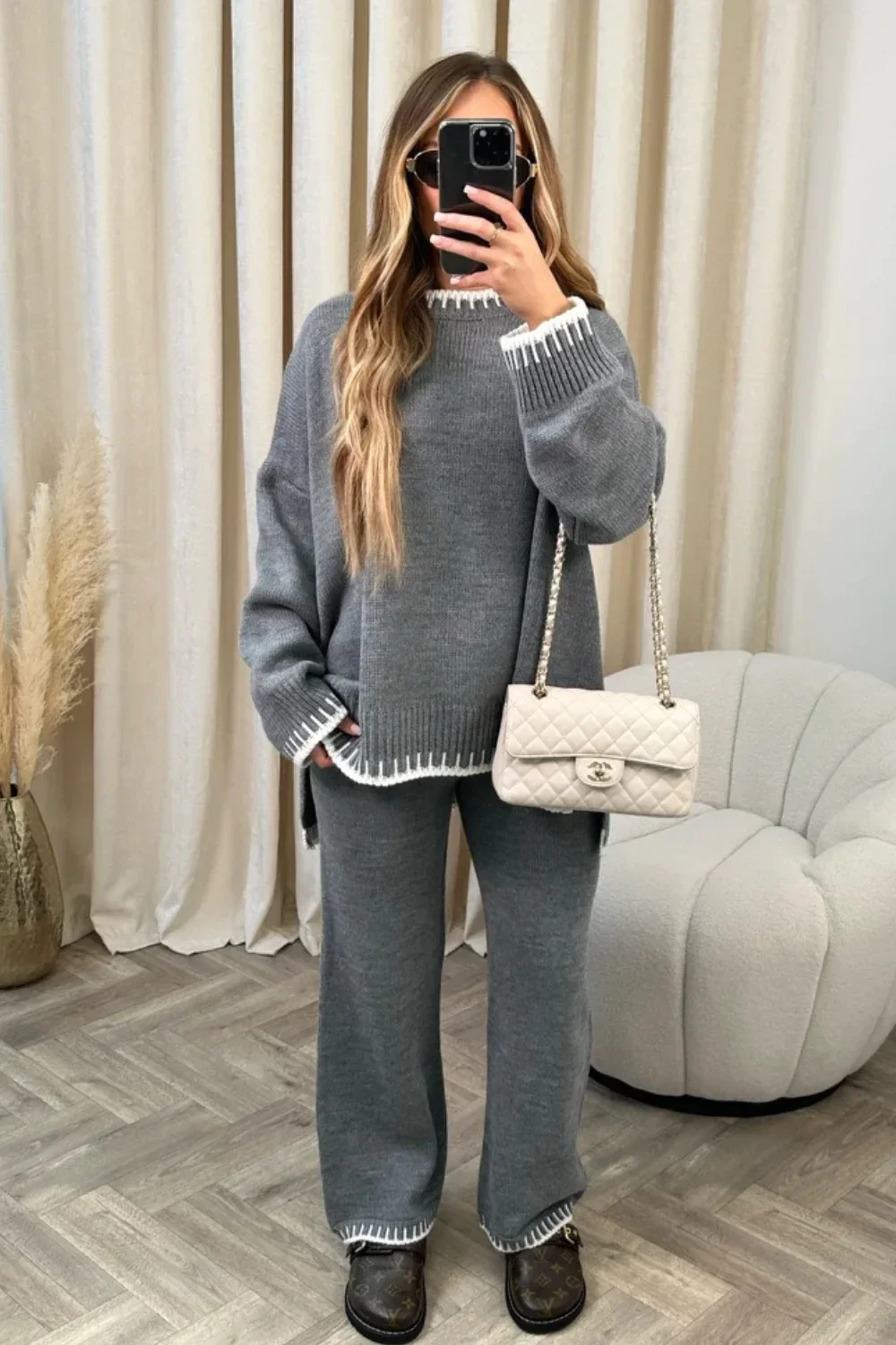 Stripe Knit Two Piece Set Women Casual Split O-neck Long Sleeve Sweater High Waist Pants Sets Female Loose Winter Lady Home Suit