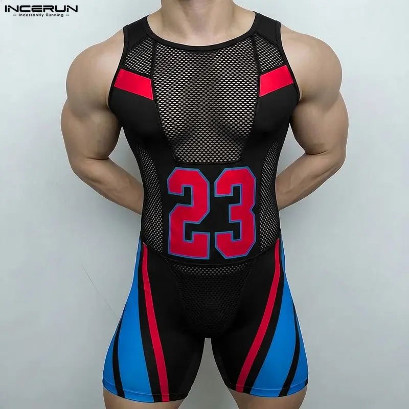 

INCERUN Men's Bodysuits Mesh Patchwork Color-block O-neck Sleeveless Male Rompers Playsuits Workout See Through Bodysuit For Man
