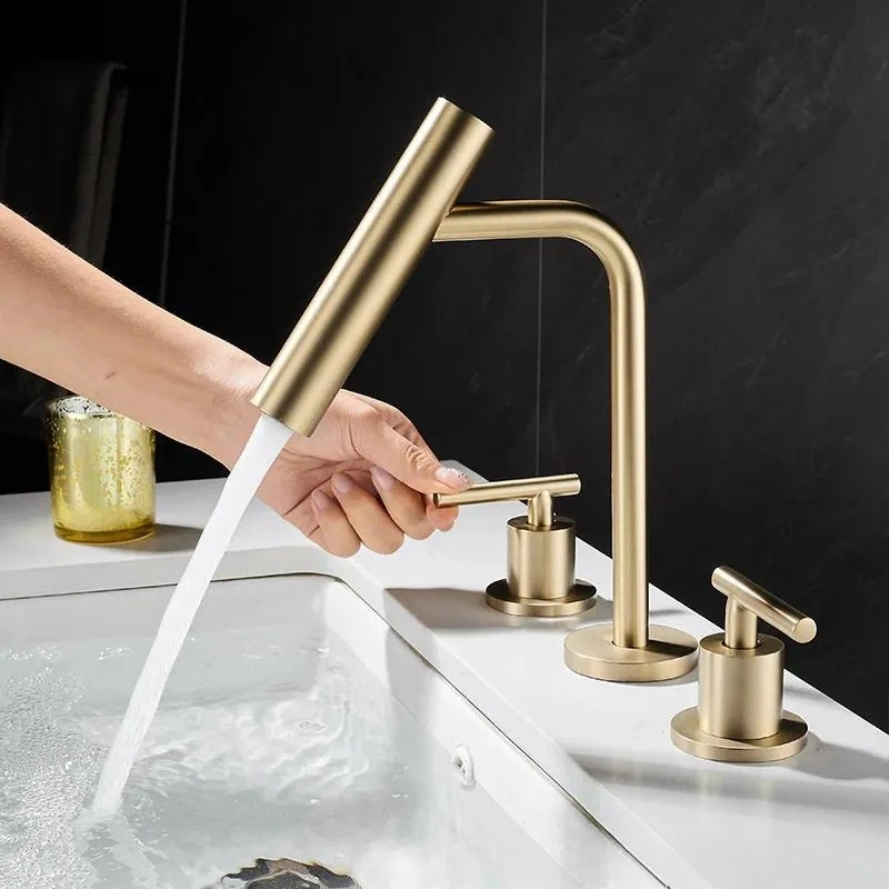All Copper Brushed Gold Rotatable Three Hole Basin Faucet Split Type Hot Cold Water Mixer Tap for Bathroom Cabinet Sink