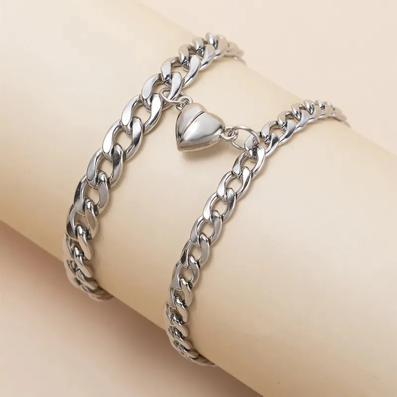 2Pcs/set Magnet Couple Bracelets Heart Attraction Bracelet Sliver Love Charm Simple Cuban Chains Key Lock Jewelry Gifts image 5