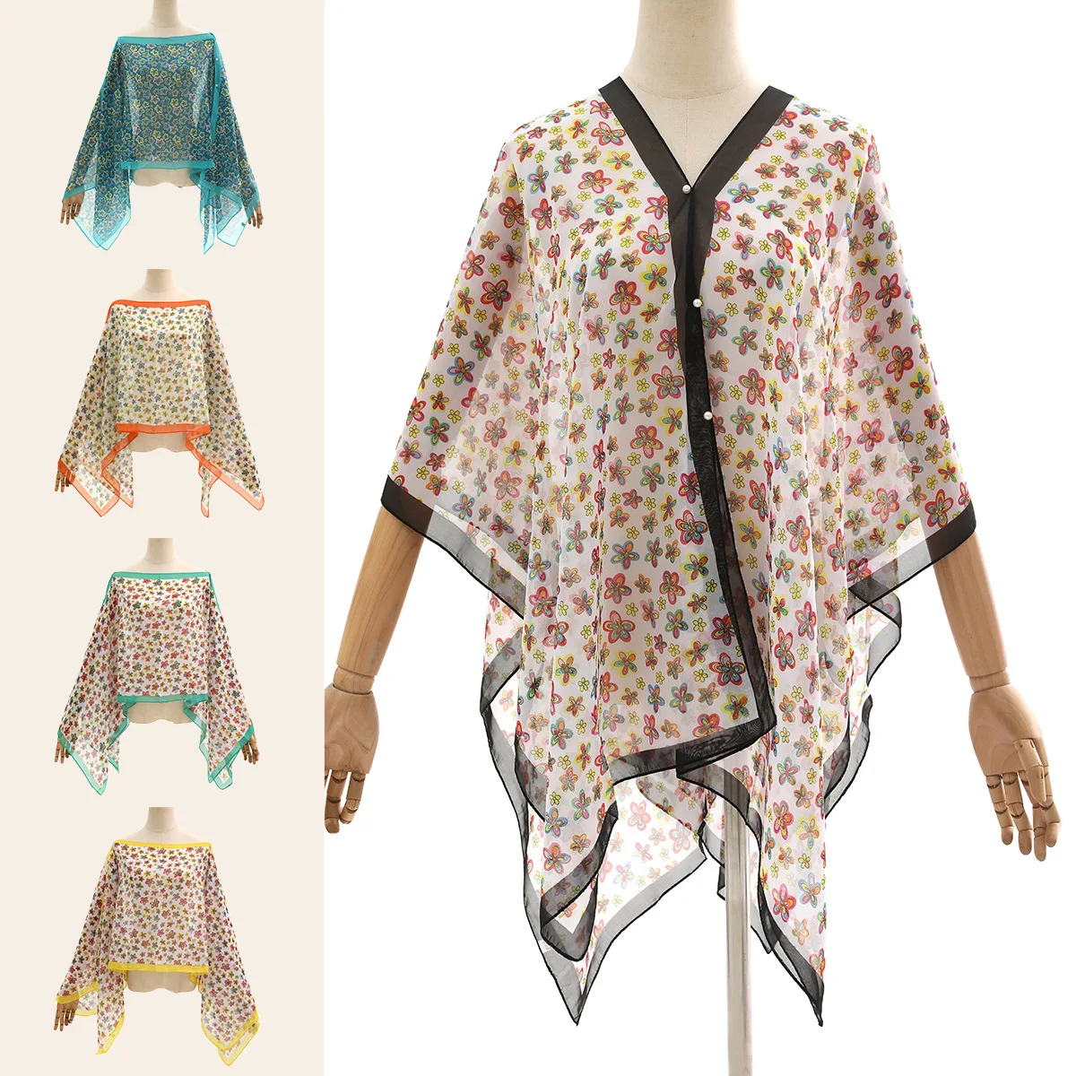 

150*95cm 2024 Spring Summer Women New Chiffon Shawl Muffler Small Smash Floral Cape Silk Chiffon Polyester Travel Sunscreen Cape