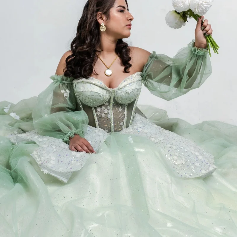

Light Green Quinceanera Dresses Off the Shoulder Crystal Decal Layering 3D Flower Long tail Vestido De 15 Quinceanera Customize