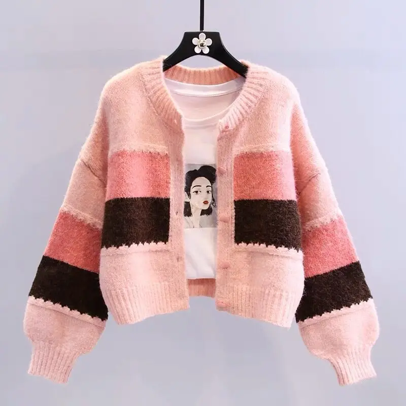 Vintage Preppy Style Knitting Cardigan Sweater Coat Women Autumn Winter Fashion Striped Loose O-neck Long Sleeve Knitwear Tops