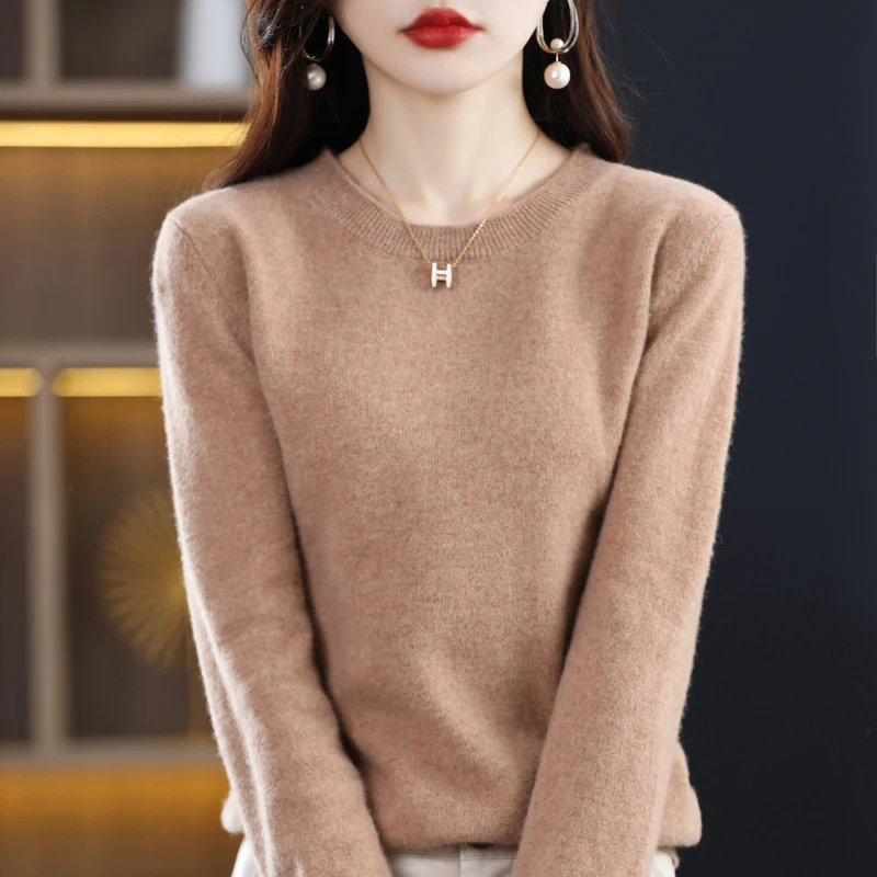 Autumn and winter new 100% pure wool cashmere sweater female O-neck pullover solid color casual knit top female Korean version