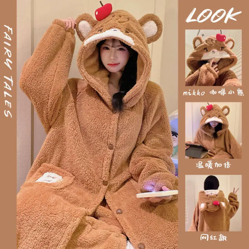 

Cute Robe Hooded Homewear Set Thickened Coral Fleece Pajamas Women's Warm Cartoon Loungewear Suit New Style Girl's Home Wear