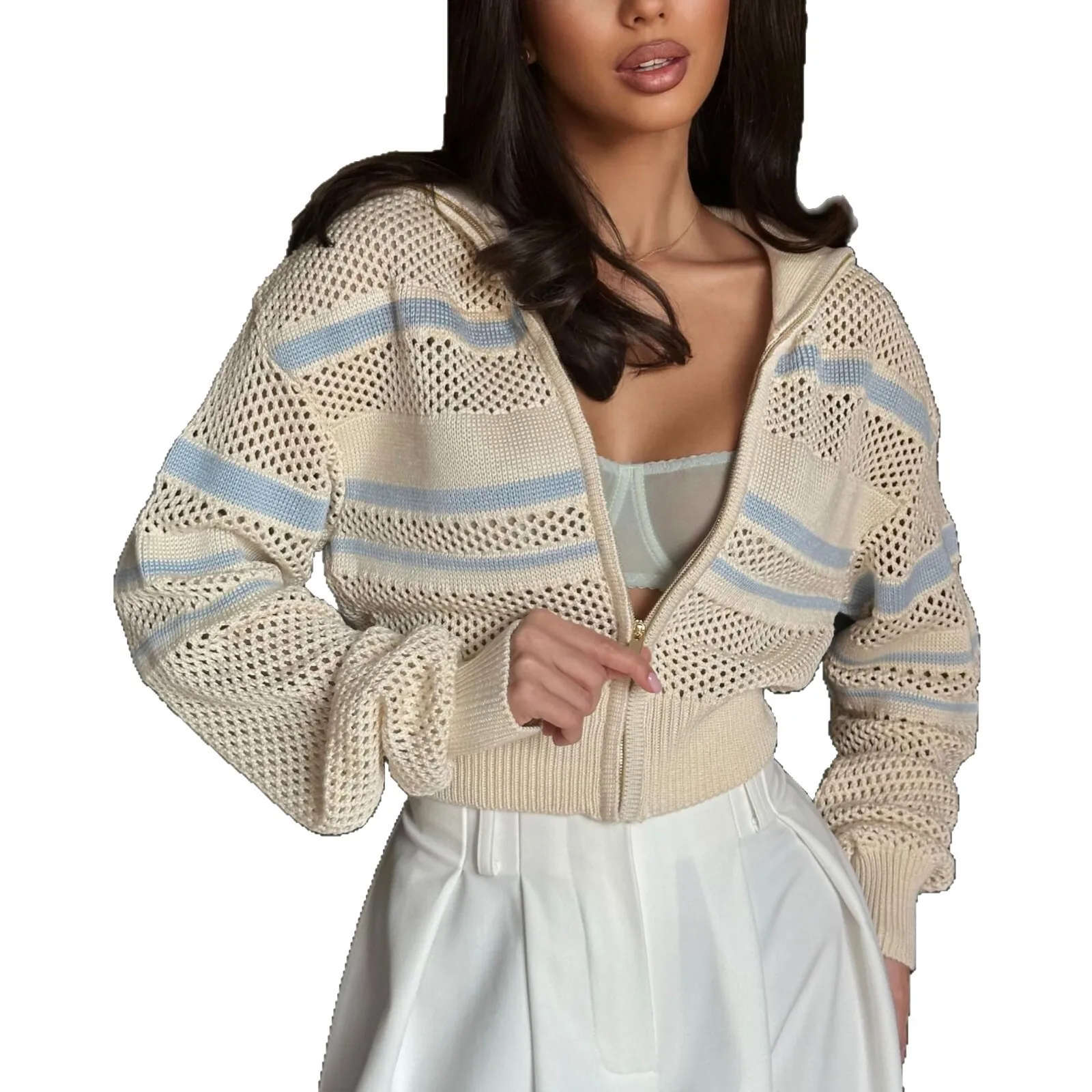 Women's Autumn Winter Slim Short Knit Coat Stylish Hollow Out Zip Up Outerwear Slimming Jacket Top