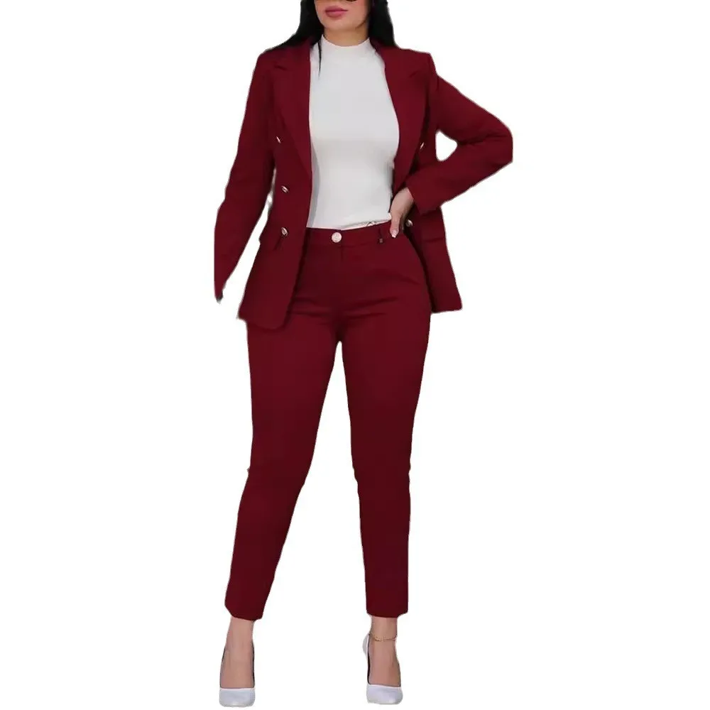 Casual Double Breasted Set with Patchwork Elegant Commuting British Style Long Sleeve Two Set Suit Jacket Women Summer Suit