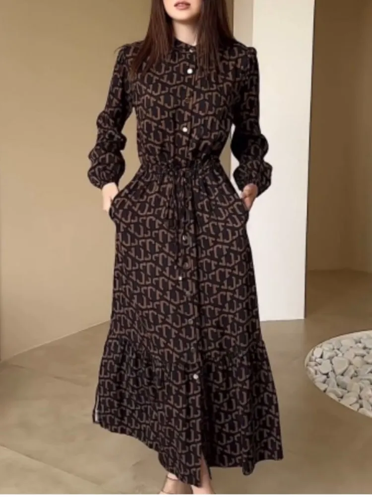 

Autumn New Fashion Elegant Temperament Lace-up Waist Dress Women's Commuting Button Long-sleeved Stand-up Collar Long Skirt
