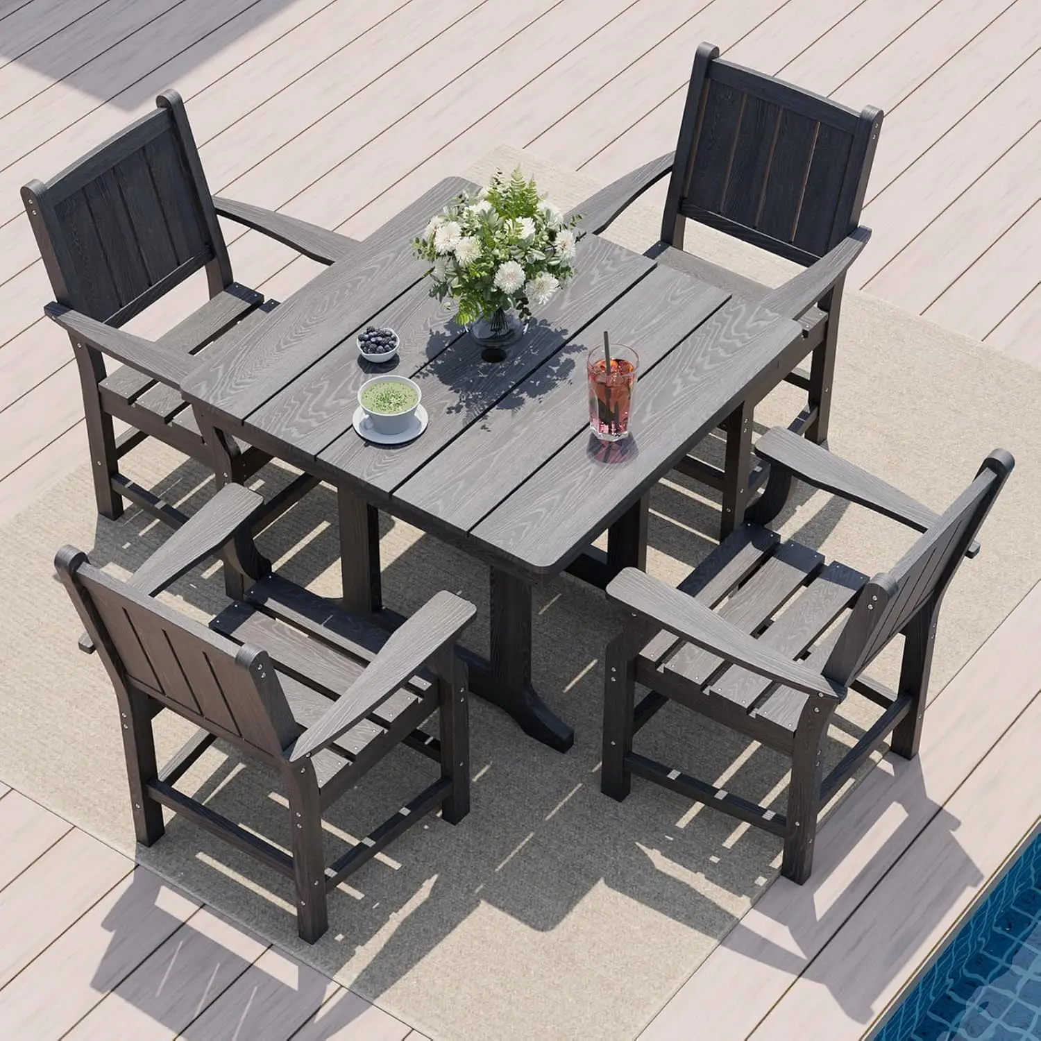 

5 PCS Outdoor Dining Set Spacious HDPE Outdoor Table and Chairs Wood Grain Patio Furniture Sets with Elegant Armrest All-Weather