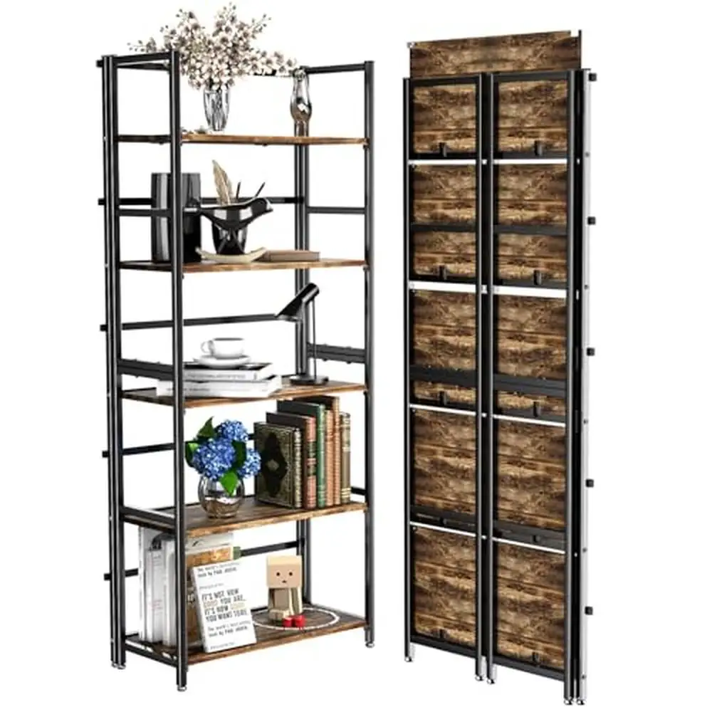 

Vintage Industrial Foldable 5-Tier Metal Bookshelf Storage Shelving Office Living Room Bedroom Display Shelves Organizer