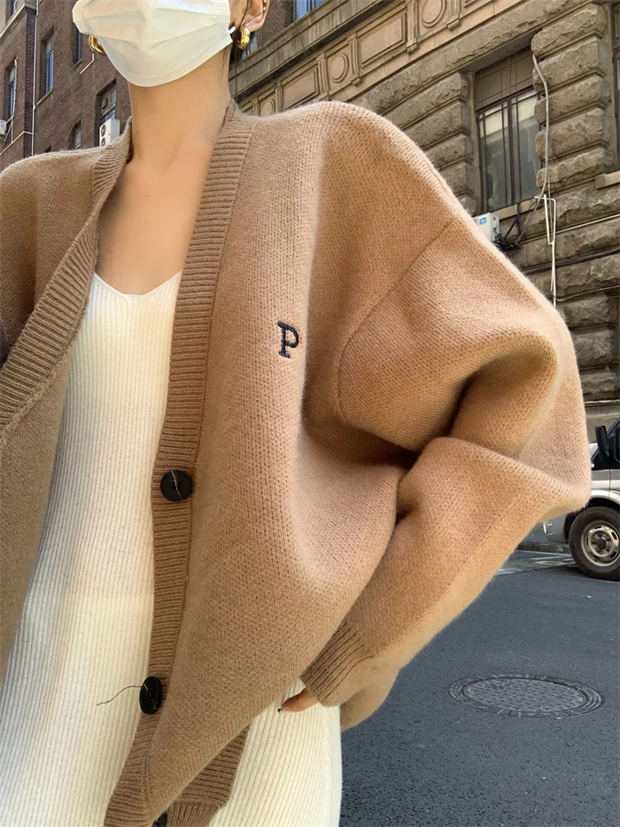 Dongda Gate Outono Inverno Novo Estilo Retro Preguiçoso Solto Manga Crida Cardigan de Malha Letra Bordado Suéter Jaqueta p...