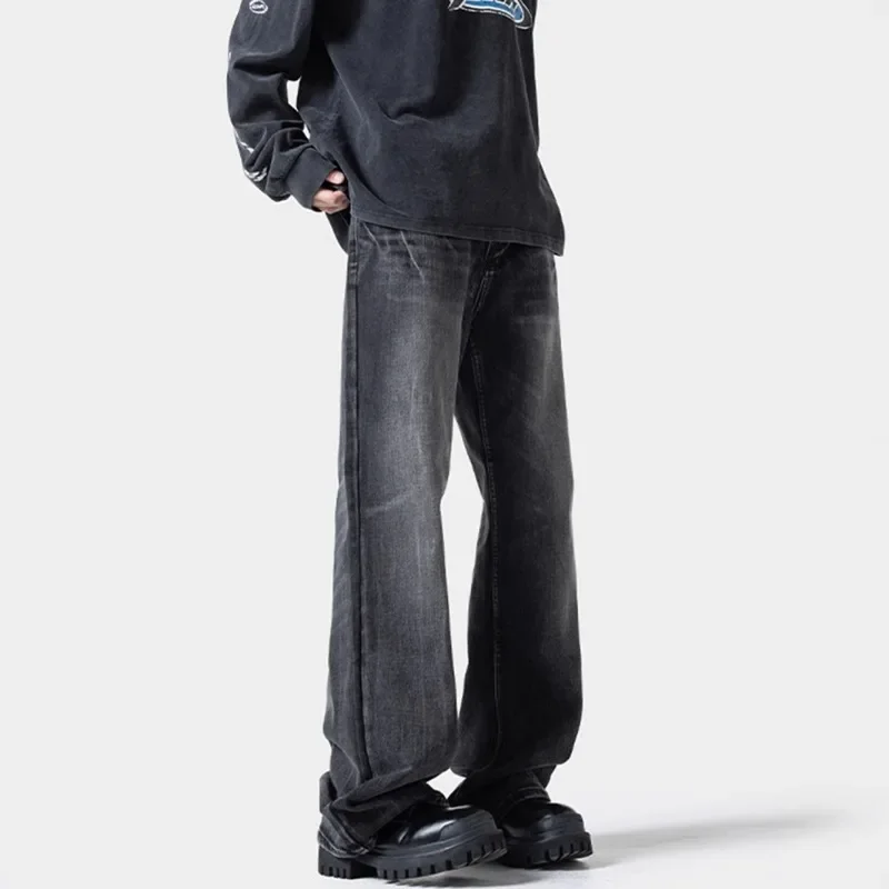 

High street washed lightning-patterned jeans men spring American plus-size wide-leg trousers design-savvy straight-leg pants