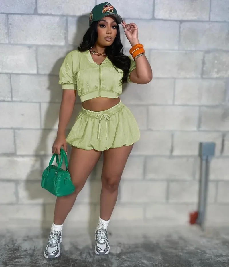 

Women Solid Washed Cotton 2 Piece Set Short Sleeve Zipper Jackets Crop Tops + Mini Bubble Skirts Fashion Casual Streetwear Suts