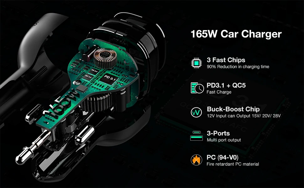 165W USB C Car Charger Adapter Super Fast Charging WOTOBEUS PD3.1 140W, PD3.0 100W PPS45W QC5 PD35W 30W for MacBook Pro 16" S22