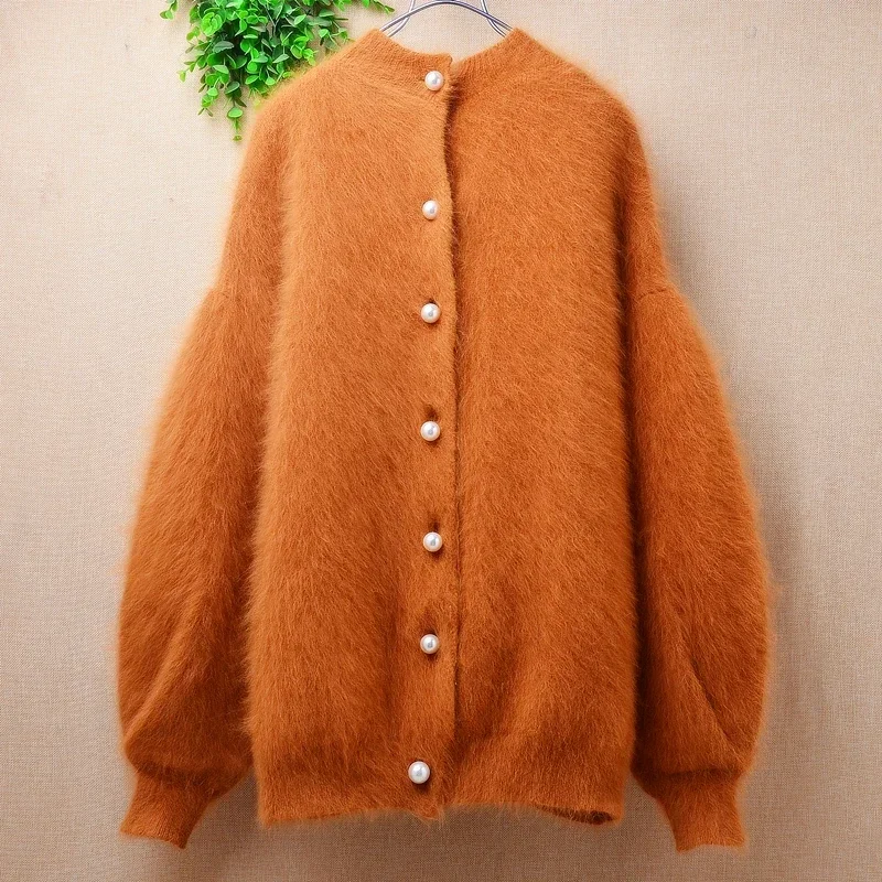 

Female Women Fall Winter Thick Warm Mink Cashmere Knitted Long Lantern Sleeves Loose Cardigan Angora Fur Jacket Coat Sweater Top