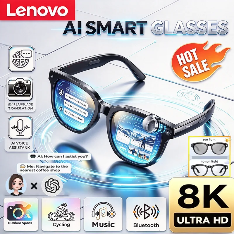 Lunettes de soleil intelligentes Bluetooth Lenovo AI 8K 2400MP, pour le cyclisme en extérieur, avec ChatGPT, vidéo, photo, musique, anti-touch, protection UV et traduction, lunettes intelligentes