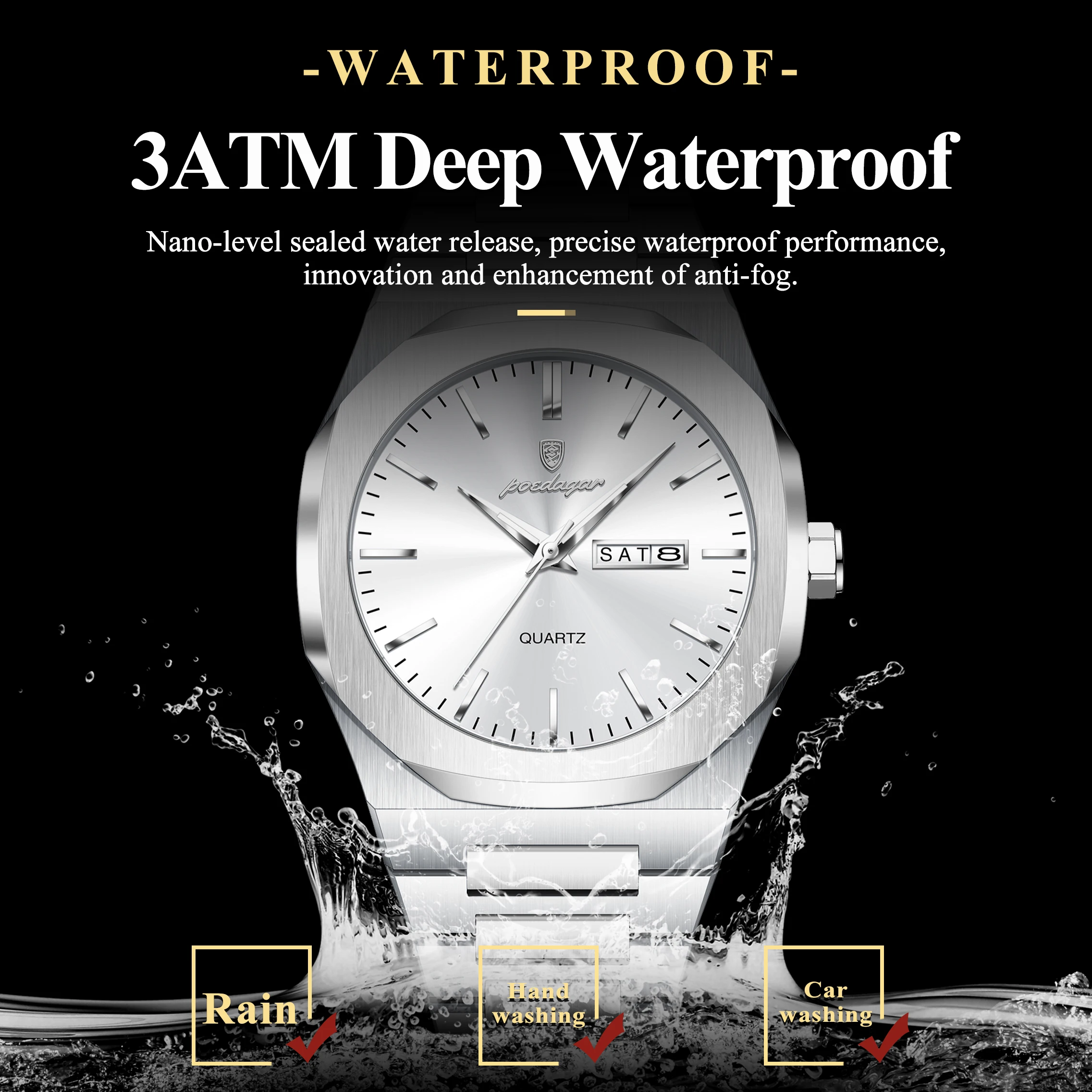 POEDAGAR Fashion Brand Male Wristwatch Waterproof Luminous Stainless Steel Men Clock Date Week Casual Quartz Men's Watches Reloj