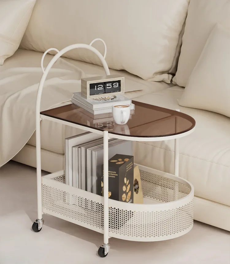

Cream Style Moving Wheels Trolley Living Room Creative Sofa Small Coffee Table Ins Glass Side Cabinet
