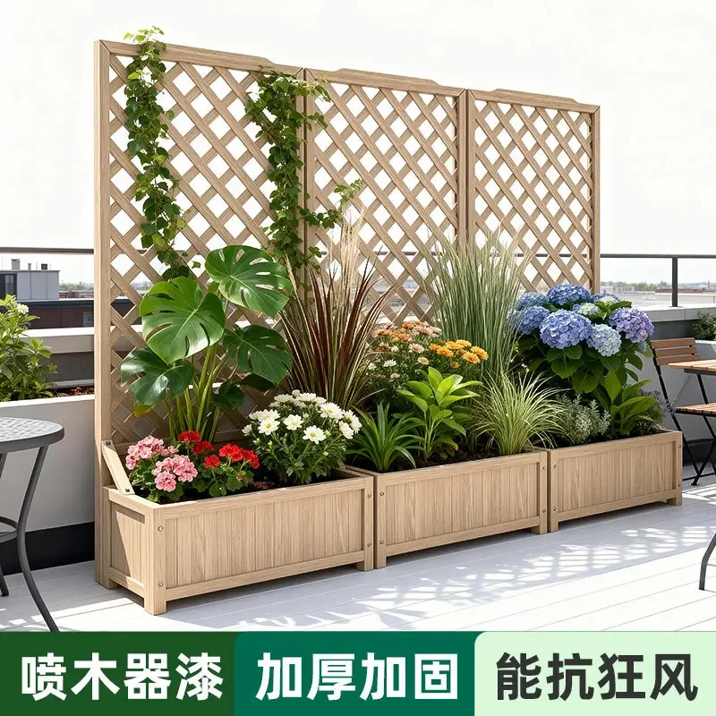 Log color flower stand flower pot fence rose climbing vine frame balcony courtyard planting preservative wood flower box grid ou