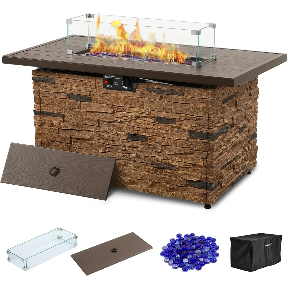 Fire Pit Table Stone Outdoor Rectangular Firepit Table 50000 Btu Propane Fire Tables for Outside Patio with Glass Wind Guard