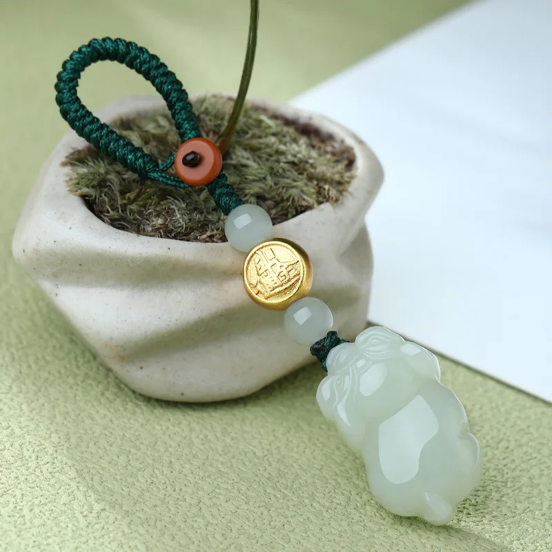 

Authentic Hetian Jade Fortune Pig Keychain Pendant for Men Women Couple Pixiu Lucky Jade Hanging Ornaments Gifts