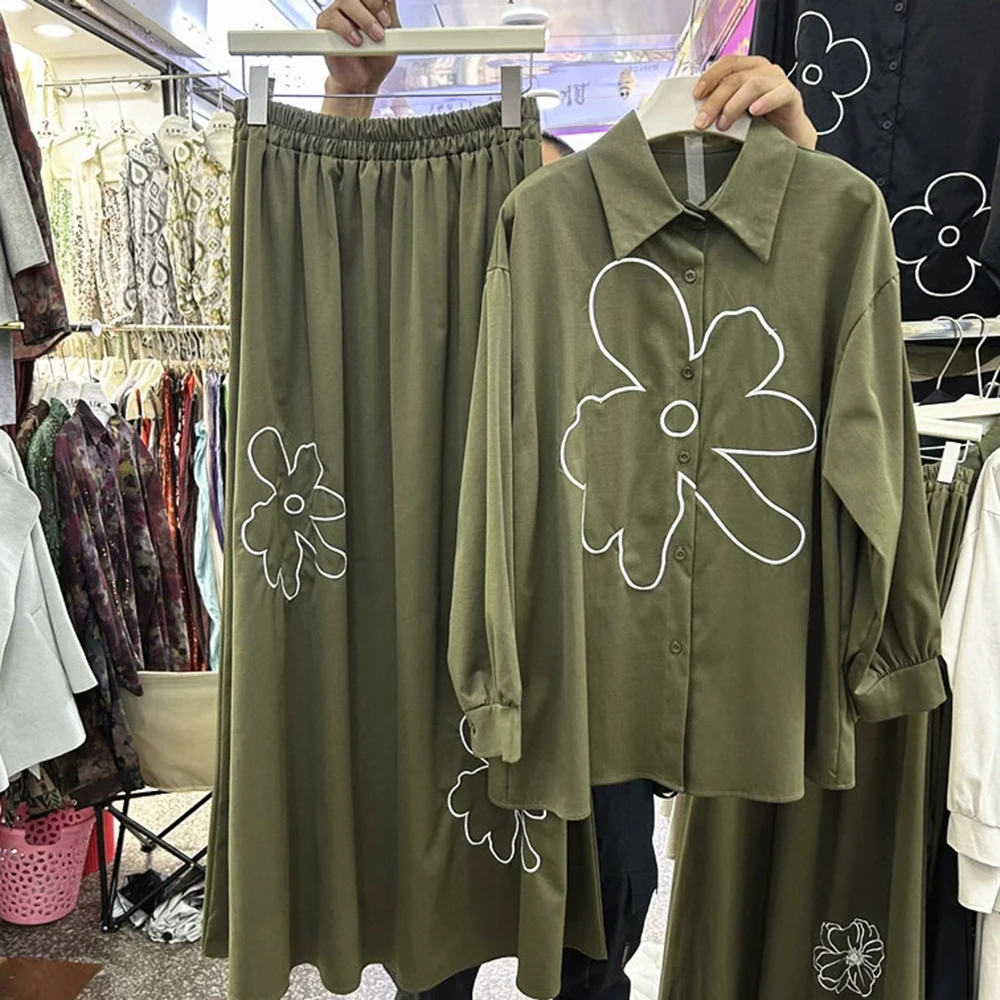 Camisa holgada de manga larga bordada de diseño europeo + falda con cintura elástica conjunto de dos piezas-GZTZ010