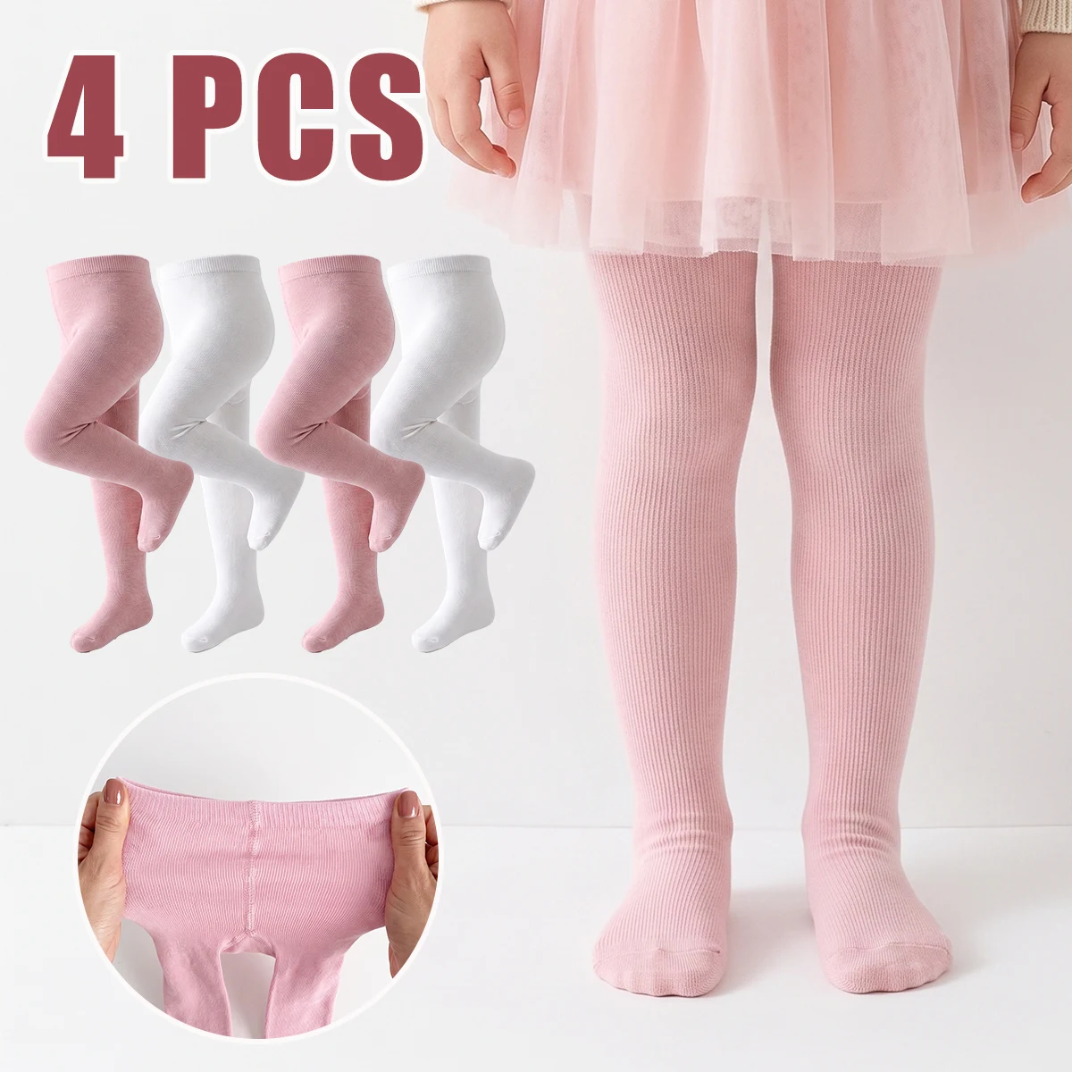 4PCS Kids Simple Solid Color Tights, High Elastic Soft Girls Daily Wear Footed Pantyhose for Baby Toddler