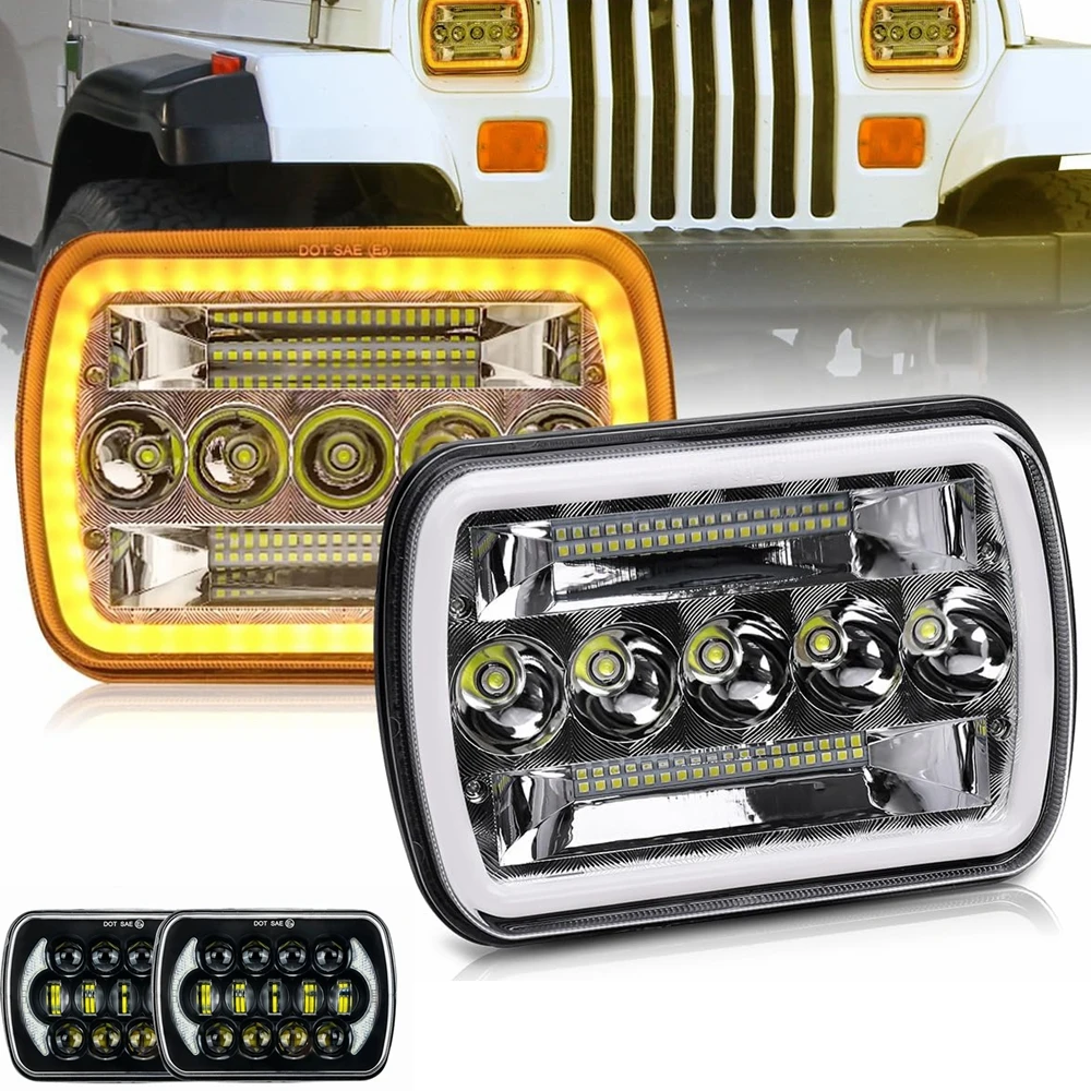 7x6 5x7 H4 Led Headlights H6054 H5054 6052 6053 White/Amber Halo For Jeep XJ YJ Ford Bronco GMC TOYOTA Nissan D21 Dodge Headlamp