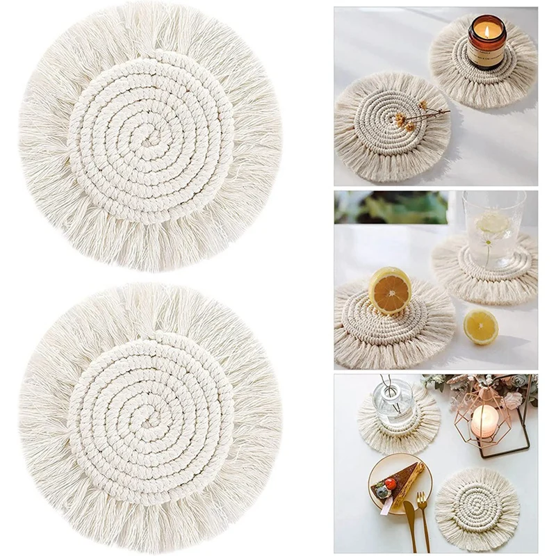5PCS Coasters For Drinks Absorbent Macrame Handmade Cotton Coasters For Coffee Table, Boho Coaster Set With Tassels Heat